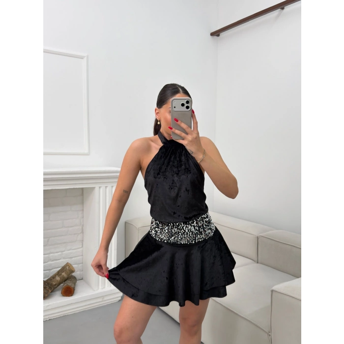 Sırt Dekolte Halter Elbise - SİYAH