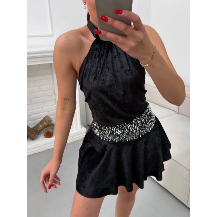 Sırt Dekolte Halter Elbise - SİYAH