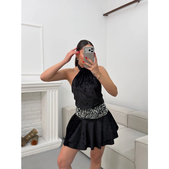 Sırt Dekolte Halter Elbise - SİYAH