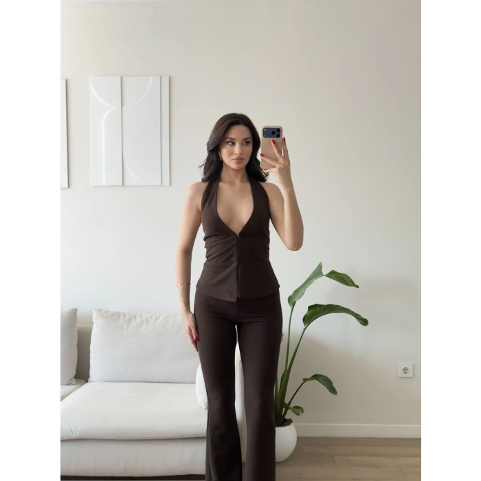 Sırt Dekolte Halter Takım - KAHVE