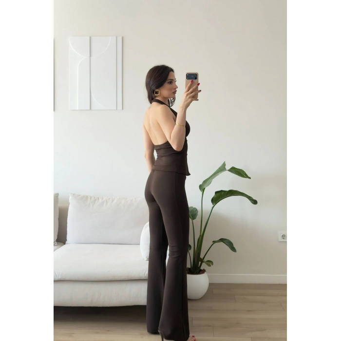 Sırt Dekolte Halter Takım - KAHVE