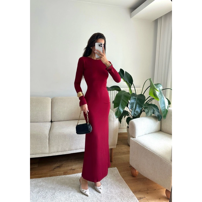 Sırt Dekolte Long Elbise - BORDO