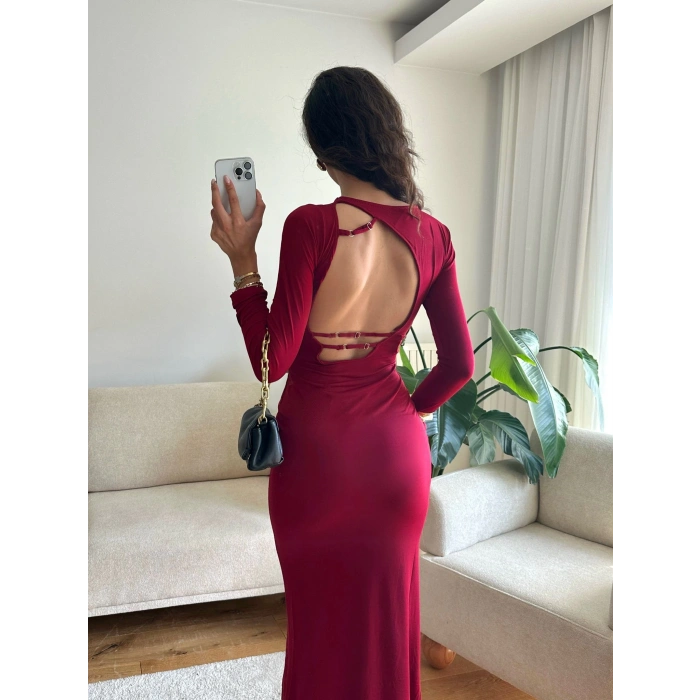 Sırt Dekolte Long Elbise - BORDO