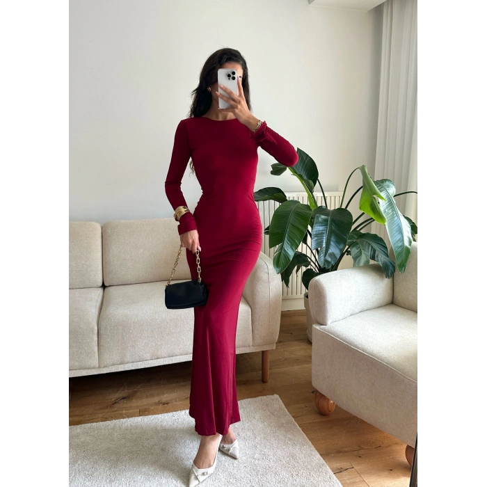Sırt Dekolte Long Elbise - BORDO