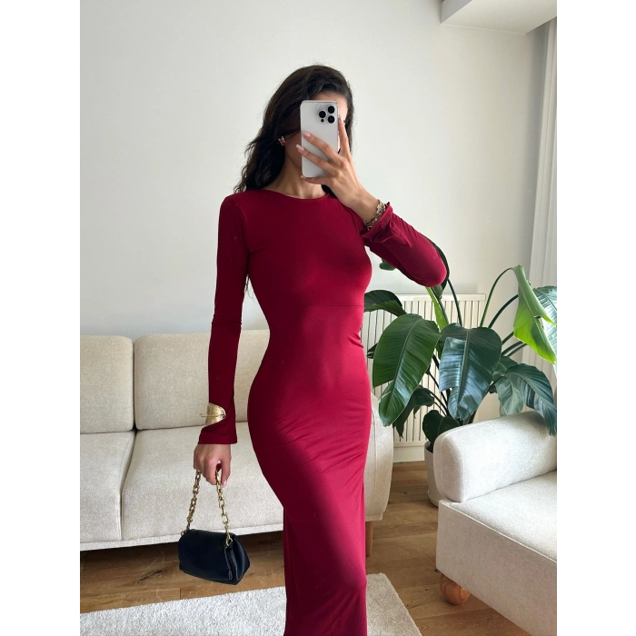Sırt Dekolte Long Elbise - BORDO