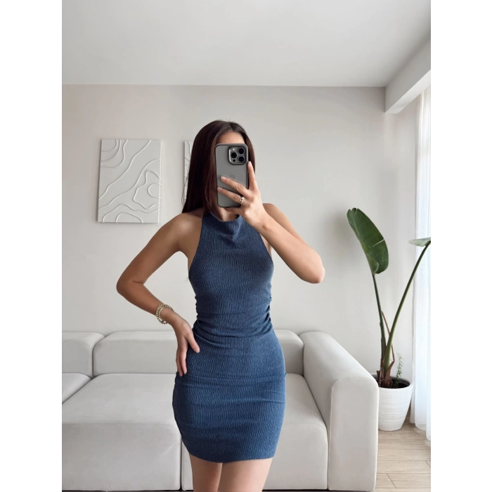 Sırt Dekolte Mini Elbise - MAVİ