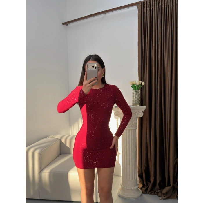 Sırt Dekolte Simli Elbise - KIRMIZI