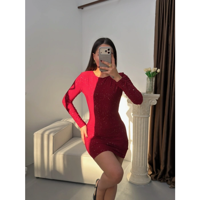 Sırt Dekolte Simli Elbise - KIRMIZI