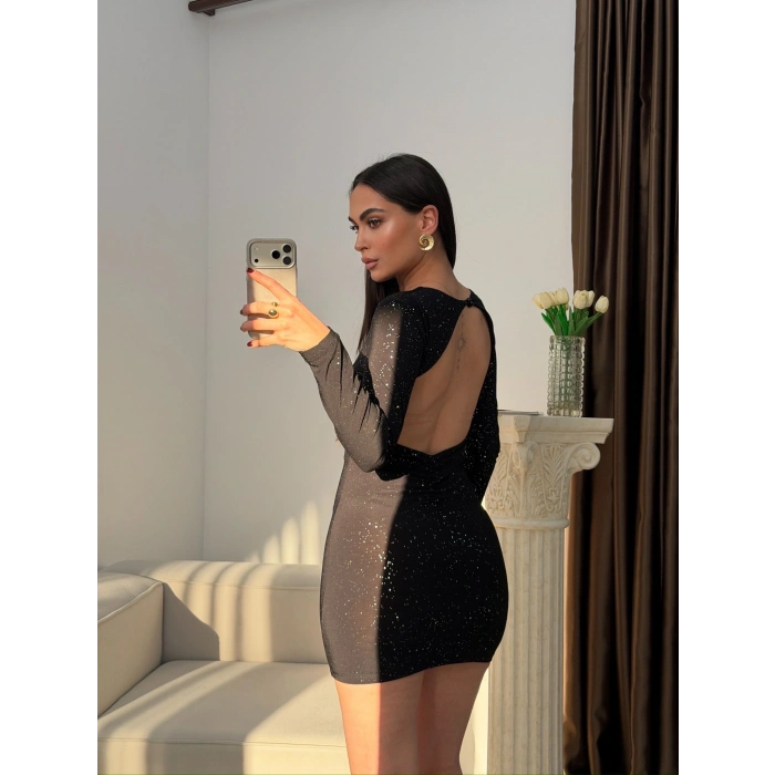 Sırt Dekolte Simli Elbise - SİYAH