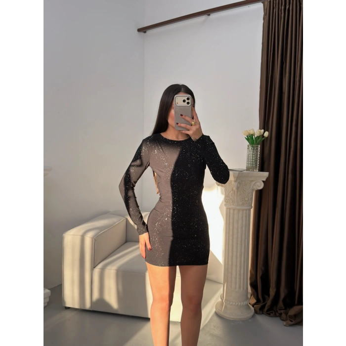 Sırt Dekolte Simli Elbise - SİYAH