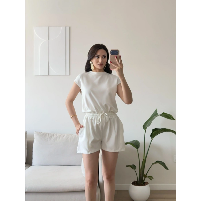 Sırt Dekolte Şortlu Tulum - BEYAZ