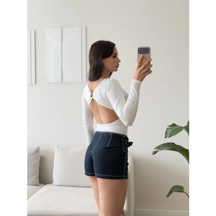 Sırt Dekolte Tokalı Bodysuit -  BEYAZ