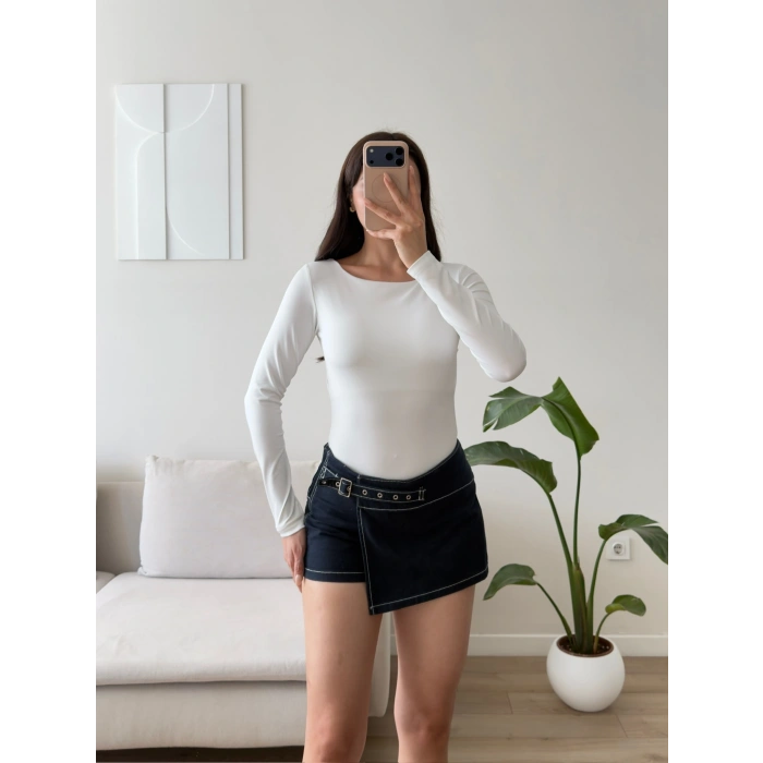 Sırt Dekolte Tokalı Bodysuit - BEYAZ
