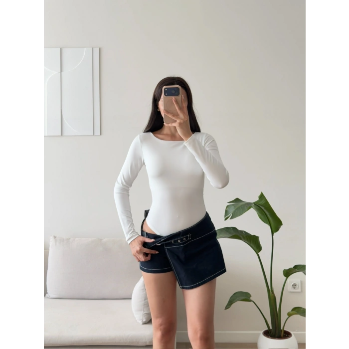 Sırt Dekolte Tokalı Bodysuit - BEYAZ