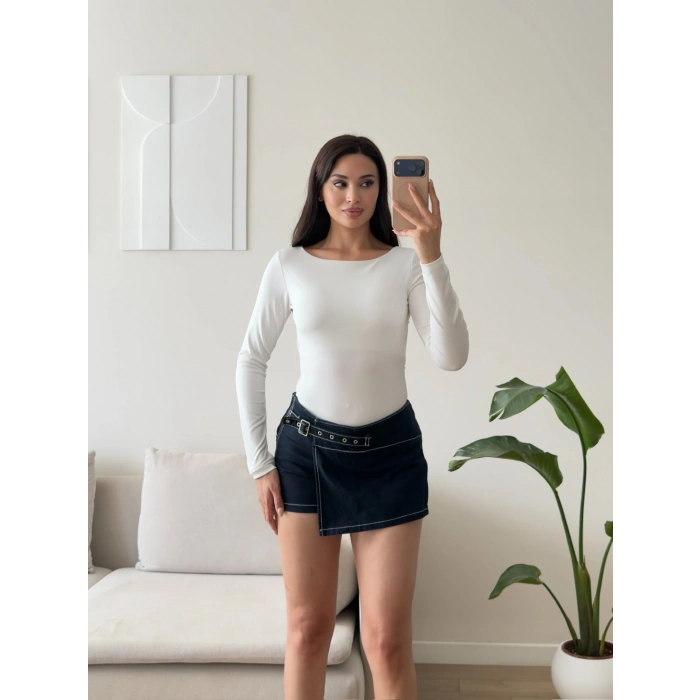 Sırt Dekolte Tokalı Bodysuit - BEYAZ