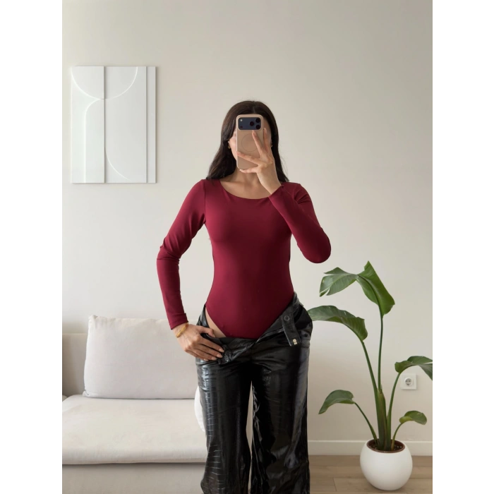 Sırt Dekolte Tokalı Bodysuit - BORDO