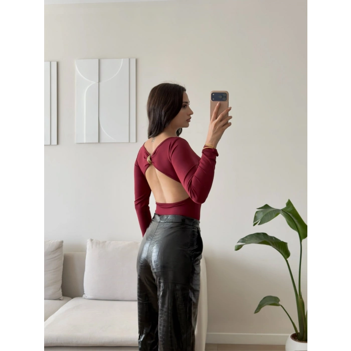Sırt Dekolte Tokalı Bodysuit - BORDO