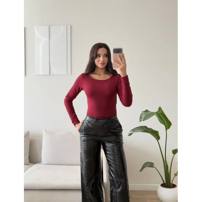 Sırt Dekolte Tokalı Bodysuit - BORDO
