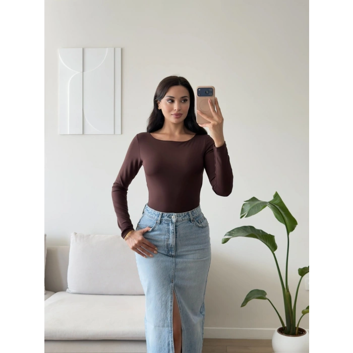 Sırt Dekolte Tokalı Bodysuit - KAHVE