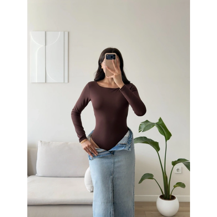Sırt Dekolte Tokalı Bodysuit - KAHVE