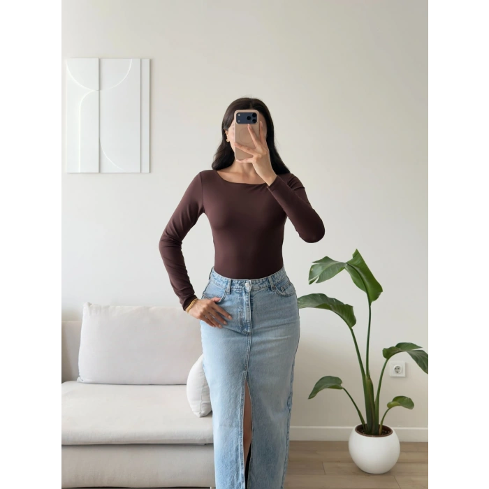 Sırt Dekolte Tokalı Bodysuit - KAHVE