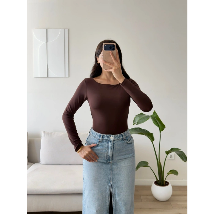 Sırt Dekolte Tokalı Bodysuit - KAHVE