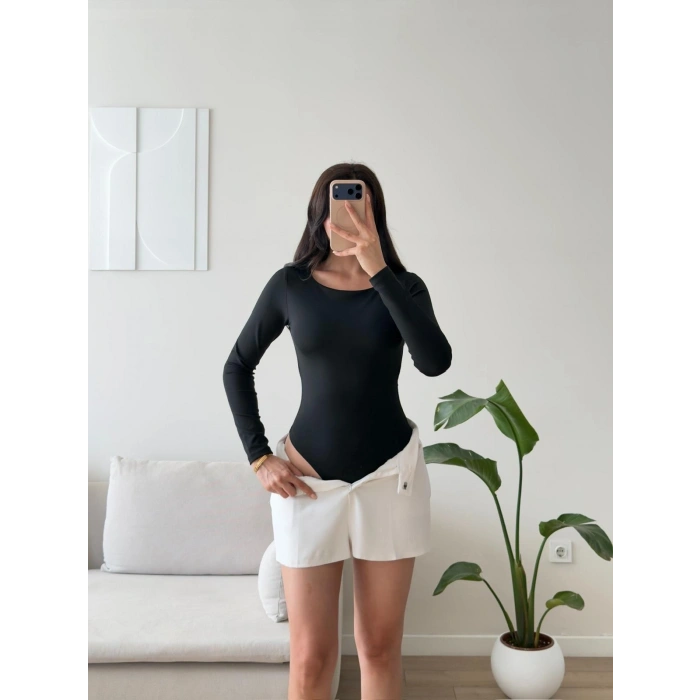 Sırt Dekolte Tokalı Bodysuit - SİYAH