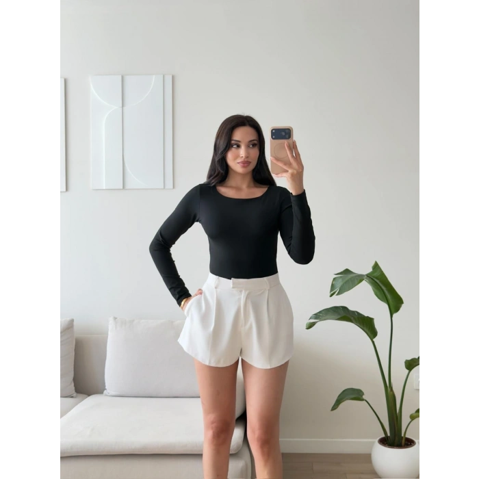 Sırt Dekolte Tokalı Bodysuit - SİYAH