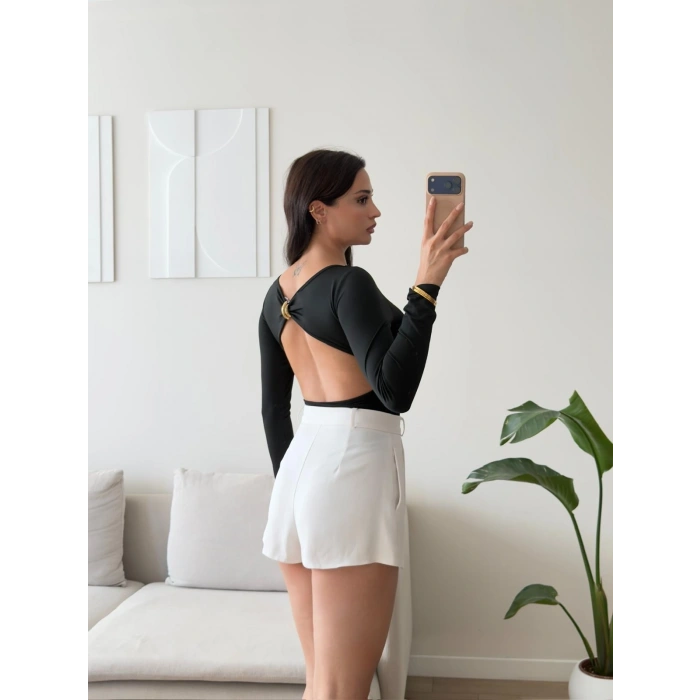 Sırt Dekolte Tokalı Bodysuit - SİYAH