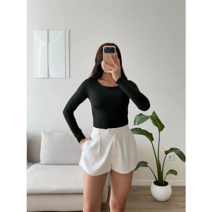 Sırt Dekolte Tokalı Bodysuit - SİYAH