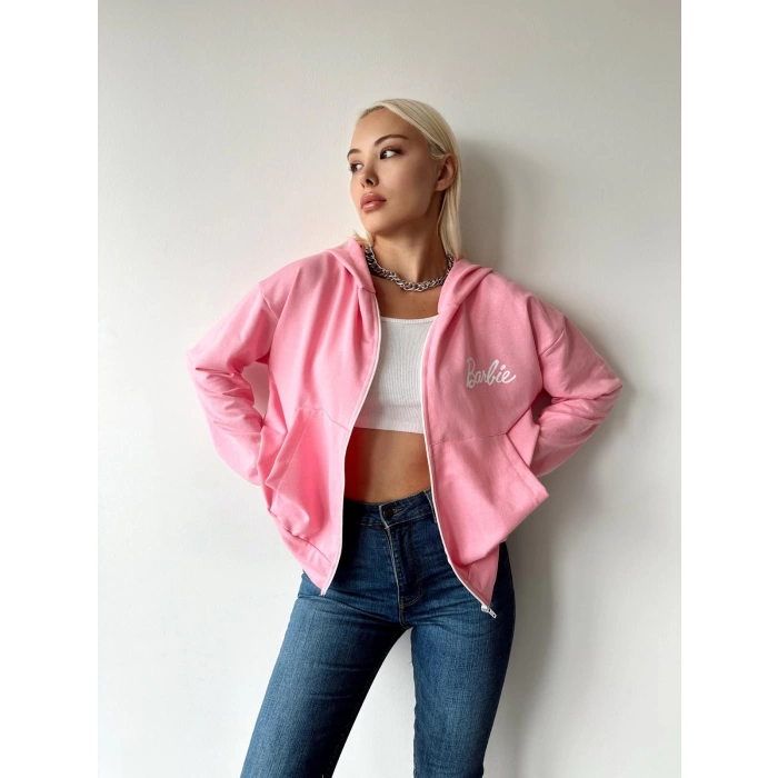 Sırt Detay Cepli Barbie Hırka-PEMBE