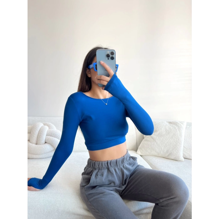Sırt Detay Crop Bluz-MAVİ
