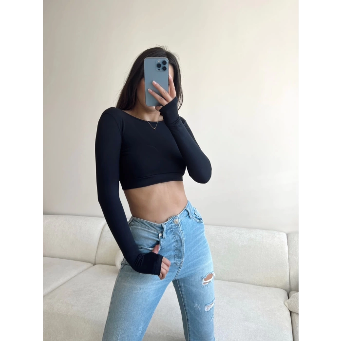 Sırt Detay Crop Bluz-SİYAH