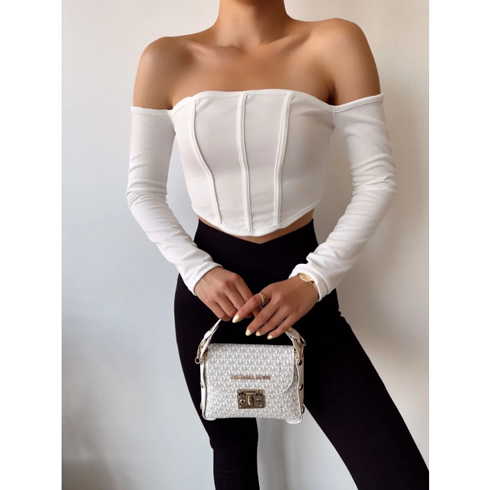 Sırt Detay Fermuar Crop Bluz-BEYAZ