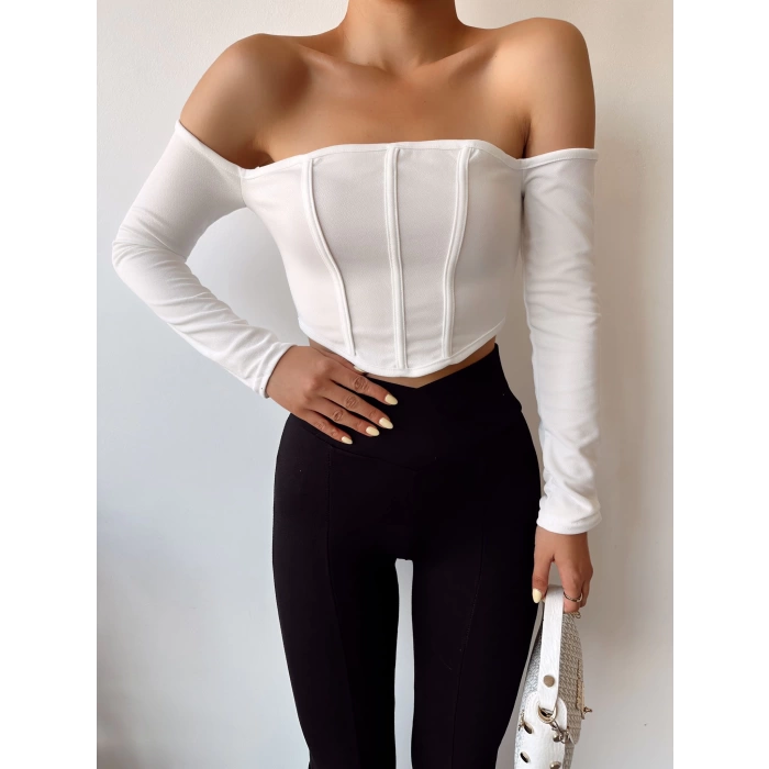 Sırt Detay Fermuar Crop Bluz-BEYAZ