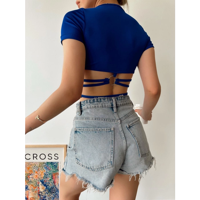 Sırt Detay Halka Crop-MAVİ