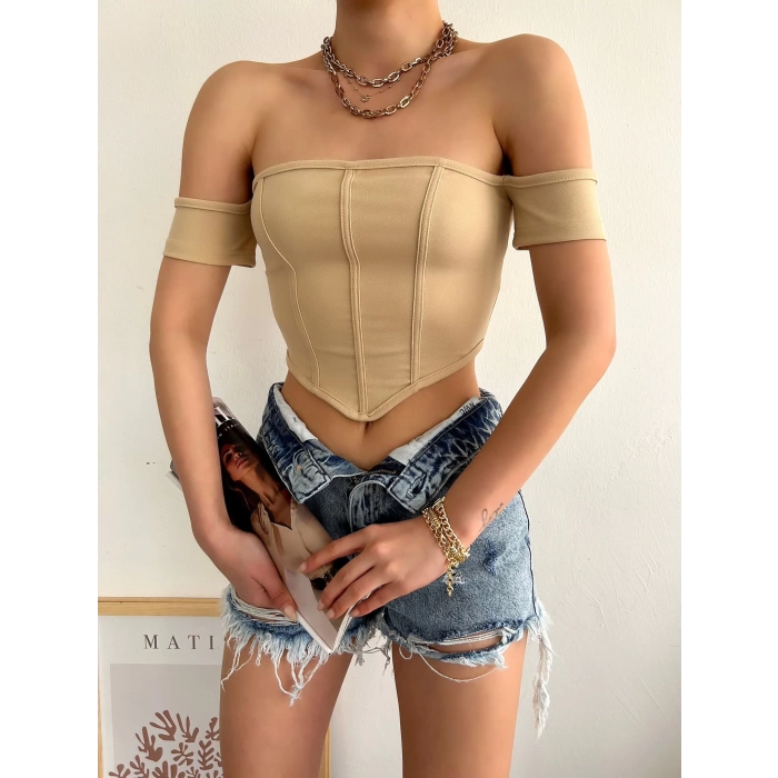 Sırt Fermuar Omuz Detay Crop-BEJ