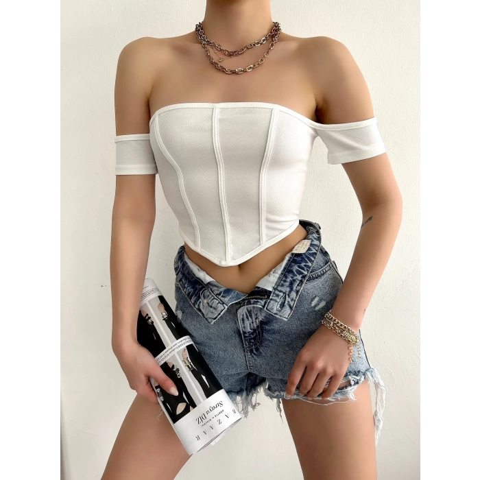 Sırt Fermuar Omuz Detay Crop-BEYAZ