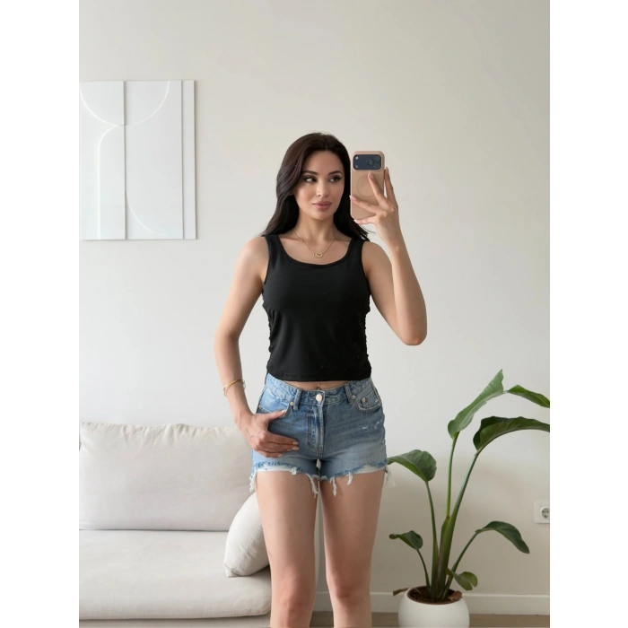 Sırt Güpürlü Kolsuz Crop - SİYAH