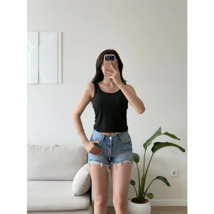Sırt Güpürlü Kolsuz Crop - SİYAH
