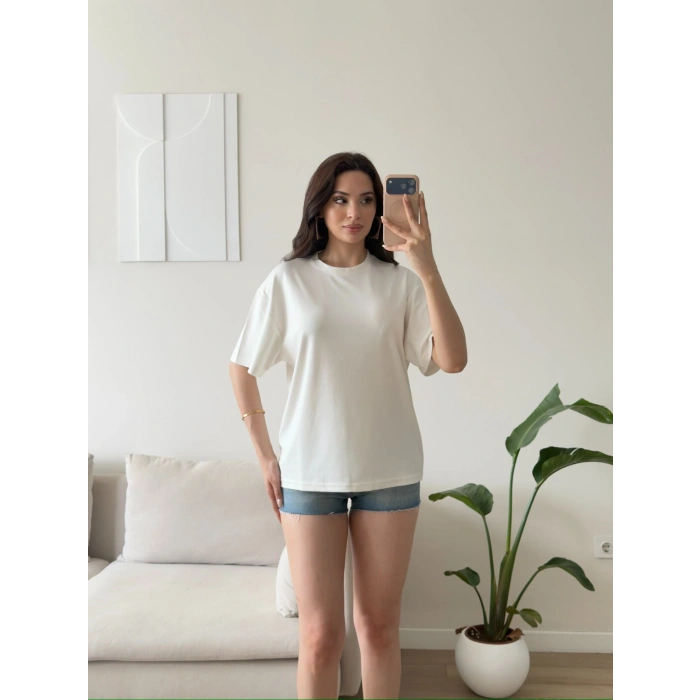 Sırt Kalp Dekolte Oversize Modal T-Shirt - BEYAZ