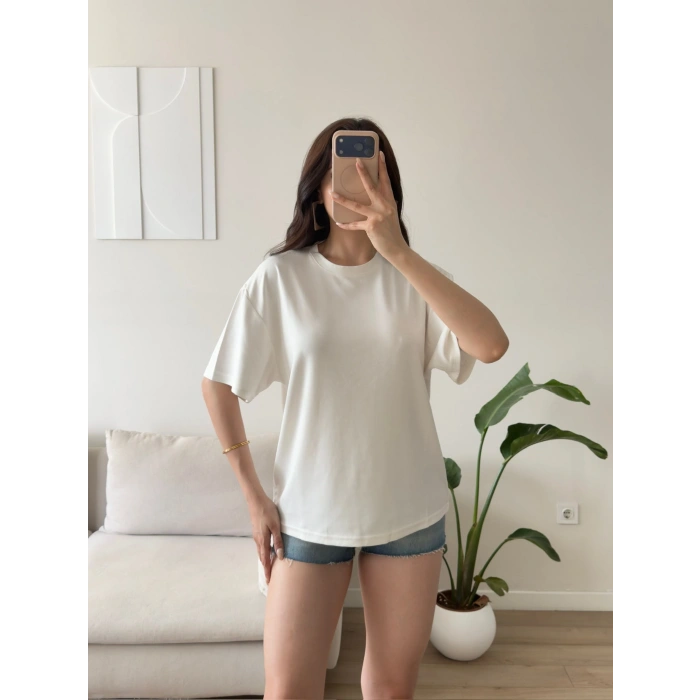 Sırt Kalp Dekolte Oversize Modal T-Shirt - BEYAZ
