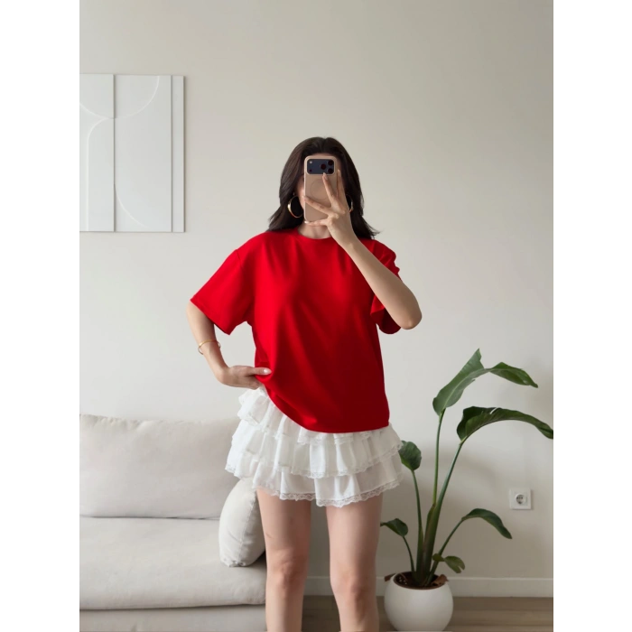 Sırt Kalp Dekolte Oversize Modal T-Shirt -KIRMIZI