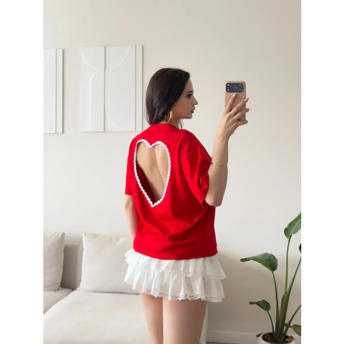 Sırt Kalp Dekolte Oversize Modal T-Shirt -KIRMIZI