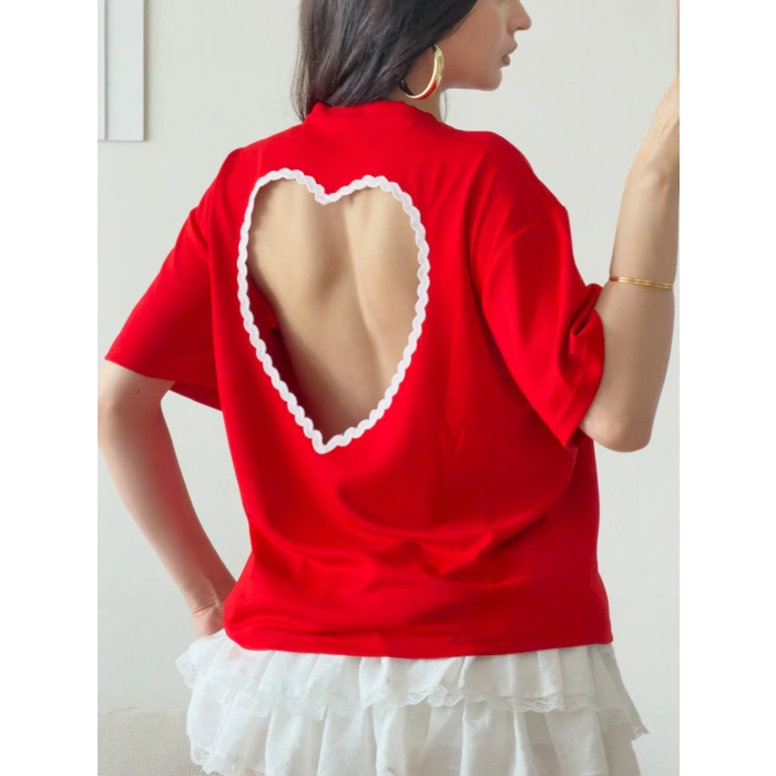 Sırt Kalp Dekolte Oversize Modal T-Shirt -KIRMIZI