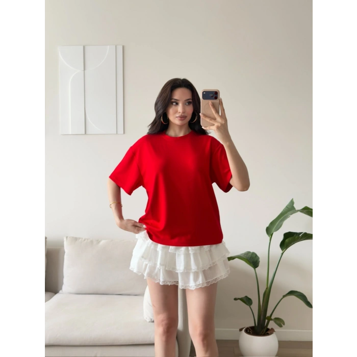 Sırt Kalp Dekolte Oversize Modal T-Shirt -KIRMIZI