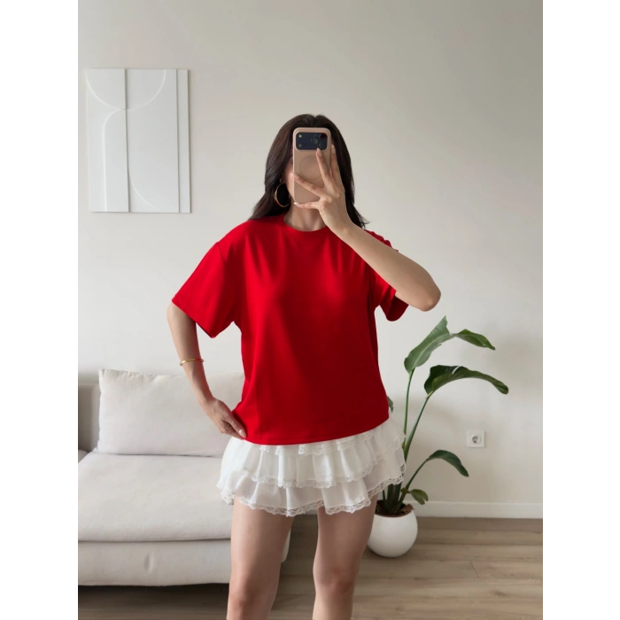 Sırt Kalp Dekolte Oversize Modal T-Shirt -KIRMIZI