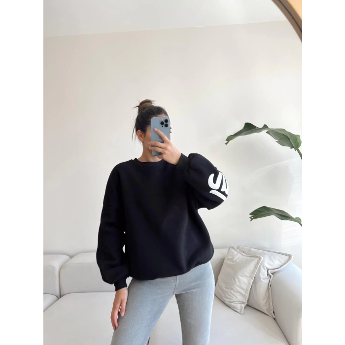 Sırt Ve Kol Baskı Oversize Sweat-SİYAH