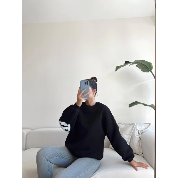 Sırt Ve Kol Baskı Oversize Sweat-SİYAH