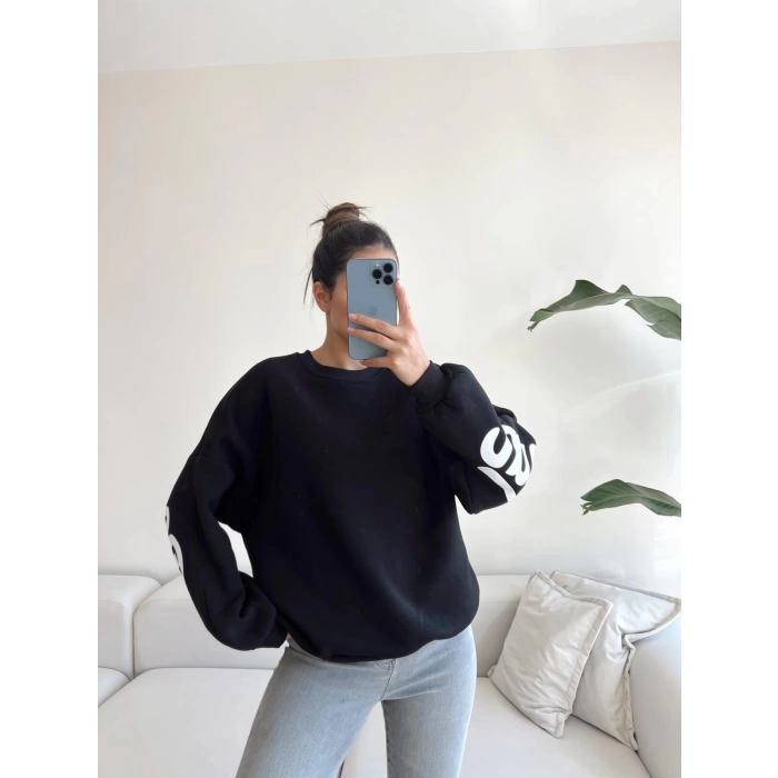 Sırt Ve Kol Baskı Oversize Sweat-SİYAH